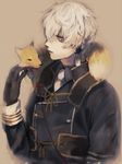  animal animal_on_shoulder black_gloves commentary_request earrings flower_knot fox gloves gold_trim jewelry keshitsubu magatama magatama_earrings male_focus military military_uniform nakigitsune nakigitsune's_fox necktie open_mouth sepia solo tassel touken_ranbu uniform white_hair yellow_eyes 