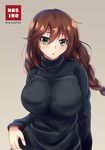  :o absurdres arm_at_side bangs black_sweater braid breasts brown_hair eyebrows eyebrows_visible_through_hair green_eyes hair_between_eyes highres kantai_collection large_breasts long_hair looking_at_viewer noshiro_(kantai_collection) saboten_teishoku simple_background solo sweater turtleneck twitter_username upper_body 