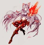  akasia fire fujiwara_no_mokou full_body grey_background hair_ribbon high_heels highres long_hair looking_at_viewer midriff ofuda red_eyes ribbon silver_hair solo touhou very_long_hair 