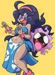  @_@ ahoge al_bhed_eyes alternate_breast_size anklet barefoot blue_sarong breasts commentary cosplay dark_skin fuyou_(pokemon) fuyou_(pokemon)_(cosplay) gastly gen_1_pokemon hair_ornament hairband hex_maniac_(pokemon) highres jewelry large_breasts long_hair messy_hair navel orange_background pokemon pokemon_(creature) pokemon_(game) pokemon_xy print_sarong purple_eyes purple_hair sarong shenanimation simple_background strapless tubetop wide_hips 