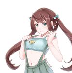  :t animal_print artist_name asagumo_(kantai_collection) bangs bare_shoulders bear_print blue_bra bra breasts brown_hair clenched_hands closed_mouth collarbone disco_brando green_eyes hair_between_eyes hair_ribbon highres kantai_collection long_hair looking_at_viewer navel no_shirt open_mouth pleated_skirt pout print_bra ribbon simple_background skirt small_breasts solo suspender_skirt suspenders suspenders_pull twintails underwear upper_body white_background 