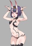  :d armpits arms_up asanagi black_legwear bob_cut breasts bridal_gauntlets eyeshadow fangs fate/grand_order fate_(series) grey_background highres horns horns_pose jewelry looking_at_viewer makeup midriff navel oni oni_horns open_mouth pose purple_eyes purple_hair revealing_clothes short_hair shuten_douji_(fate/grand_order) slit_pupils small_breasts smile solo thighhighs thighs tongue tongue_out 