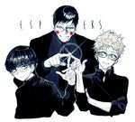  arm_holding bangs bespectacled black_eyes black_hair black_jacket black_neckwear black_shirt blue_shirt blunt_bangs blush_stickers closed_mouth collared_shirt ekubo_(mob_psycho_100) esper finger_touching glasses grin hanazawa_teruki hand_on_own_arm hand_up hitodama index_finger_raised jacket kageyama_shigeo lens_flare light_particles long_sleeves looking_at_another looking_at_viewer looking_to_the_side makeup male_focus mob_psycho_100 multiple_boys necktie pale_skin pigeon666 pout rimless_eyewear shirt silver_eyes simple_background sleeves_rolled_up smile swept_bangs trait_connection uneven_eyes upper_body white_background 