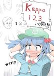  1girl :d arms_behind_head backpack bag blue_eyes blue_hair blush cabbie_hat commentary_request confused fang hair_bobbles hair_ornament hat jpeg_artifacts kappa_(twitch.tv) kawashiro_nitori key key_necklace logo meta object_namesake open_mouth pogchamp puuakachan short_hair smile sweatdrop touhou translated twitch.tv two_side_up v-shaped_eyebrows 