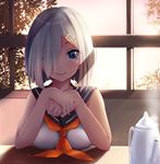  bare_arms bare_shoulders blue_eyes blush breast_rest breasts closed_mouth cup hair_ornament hair_over_one_eye hairclip hamakaze_(kantai_collection) highres indoors kantai_collection large_breasts looking_at_viewer neckerchief own_hands_together plant sailor_collar school_uniform serafuku shirt short_hair silver_hair sitting sleeveless sleeveless_shirt smile solo steam sunlight table tareme teapot tebi_(tbd11) tree w_arms window 