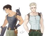  abs bags_under_eyes blonde_hair brown_eyes brown_hair collarbone fingerless_gloves front_mission gloves grey_eyes gun hand_in_pocket hand_on_hip male_focus multiple_boys muscle pouch profile royd_clive sakata_ryuuji sasha_gladysh smile tank_top weapon 