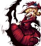  apple blonde_hair blue_flower blue_rose brooch cowboy_shot dress drill_hair elly flower food fruit hat hat_ribbon holding holding_scythe jewelry long_sleeves looking_at_viewer mansion mugenkan one_eye_closed red_dress red_eyes red_ribbon ribbon rose scythe short_hair solo sun_hat touhou touhou_(pc-98) ugume weapon 