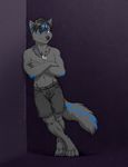  anthro blue_eyes blue_markings canine carijet chest_tuft clothed clothing dog_tags fur grey_fur mammal markings shorts thetiedtigress topless tuft wolf 