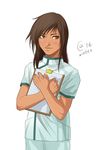  androgynous brown_eyes brown_hair chou_shittou_caduceus clipboard dark_skin dark_skinned_male emilio_juarez long_hair male_focus medical_scrubs nurse sasha_gladysh smile solo what_if 