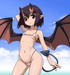  arm_at_side bad_id bad_pixiv_id bikini black_hair blue_sky closed_mouth cloud collarbone contrapposto cowboy_shot day demon_girl demon_tail demon_wings flat_chest groin heart horizon horns looking_at_viewer lowres micro_bikini navel ocean oni_horns original pink_bikini pointy_ears red_eyes rohitsuka shiny shiny_skin sky smile solo spikes standing stomach summer swimsuit tail water wings 