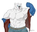  2016 anthro armpit_hair armpits balls bear beard belt biceps clothed clothing facial_hair flexing fluffy fur jeans looking_at_viewer male mammal megawaffle_(artist) muscular muscular_male nipples open_mouth pants pecs polar_bear simple_background smile solo standing topless vest white_background white_fur 