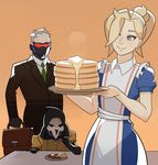  2boys apron blonde_hair blue_eyes briefcase butter family food formal high_ponytail highres hood hooded_jacket jacket mask mercy_(overwatch) multiple_boys necktie overwatch pancake ponytail reaper_(overwatch) scar short_hair simple_background smile soldier:_76_(overwatch) splashbrush stack_of_pancakes suit visor white_hair 