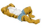  2016 5_toes anthro armpits arms_above_head belly biceps bulge clothed clothing eyes_closed feline fur lying male mammal megawaffle_(artist) muscular muscular_male navel nipples pecs shorts simple_background sleeping slightly_chubby smile solo stripes tiger toes topless white_background 
