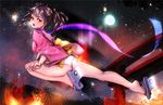  ass bangs bare_legs bell black_hair blush bow building burning cherry_blossoms choker fire floral_print frills full_body geta hair_ribbon japanese_clothes jingle_bell jumping kimono koutetsujou_no_kabaneri lens_flare long_sleeves looking_at_viewer looking_back mumei_(kabaneri) nal_(nal's_pudding) night night_sky open_mouth outdoors panties purple_bow purple_ribbon red_eyes ribbon ribbon_choker sash short_kimono signature sky solo star_(sky) tongue tongue_out torii transparent tree twintails underwear white_panties wide_sleeves yellow_bow yellow_ribbon 