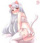  animal_ears ass back bare_shoulders blush bra brown_eyes cat_ears cat_girl cat_lingerie cat_tail commentary_request dated fake_animal_ears fake_tail highres kanon_(kurogane_knights) kantai_collection kneeling long_hair looking_back meme_attire open_mouth panties paw_print shoukaku_(kantai_collection) side-tie_panties silver_hair solo tail thighhighs twintails underwear underwear_only very_long_hair 