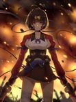  ahoge bandages blue_bow blue_neckwear blurry bow bowtie breasts brown_hair brown_skirt cable choker collarbone cowboy_shot depth_of_field dual_wielding fire flame headpiece highres holding kiyo_(chaoschyan) koutetsujou_no_kabaneri large_breasts looking_at_viewer mumei_(kabaneri) parted_lips pleated_skirt red_eyes ribbon_choker short_hair skirt solo standing 