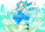  :d black_footwear bloomers blue_dress blue_eyes blue_hair bow cirno dress fang fog full_body futao_(nibbles-wabina) ice ice_wings jumping mary_janes open_mouth outstretched_arms puffy_sleeves ribbon shoes short_sleeves smile socks solo spread_arms touhou underwear wings 