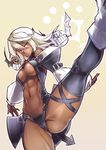  abs bare_shoulders black_legwear blonde_hair breasts center_opening cosplay dark_skin detached_sleeves dizzy dizzy_(cosplay) expressionless groin_tendon guilty_gear guilty_gear_xrd hijiri large_breasts leg_up navel over-kneehighs ramlethal_valentine revealing_clothes solo thighhighs thighs underboob yellow_eyes 