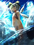  cameltoe cirno detached_wings female hair_bow ice kamindani navel panties partially_submerged short_hair solo touhou wings 