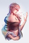  amelion armlet asymmetrical_hair blue_eyes breasts cleavage crystal final_fantasy final_fantasy_xiii glowing highres jacket lightning_farron navel navel_piercing nose off_shoulder piercing pink_hair small_breasts solo stomach tattoo undressing unzipped upper_body 