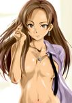 adjusting_hair blush breasts brown_eyes brown_hair collarbone commentary_request earrings heart idolmaster idolmaster_cinderella_girls jewelry long_hair looking_at_viewer matsunaga_ryou md5_mismatch medium_breasts murasaki_iro naked_shirt navel necklace necktie nude open_clothes open_shirt out-of-frame_censoring pendant revision shiny shiny_skin shirt solo undressing upper_body 