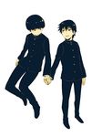  :d arms_at_sides bangs black_footwear black_hair black_pants blunt_bangs bowl_cut brothers closed_mouth floating full_body gakuran hair_between_eyes holding_hands kageyama_ritsu kageyama_shigeo kakuu long_sleeves looking_at_another looking_to_the_side male_focus mob_psycho_100 multiple_boys open_mouth pants school_uniform shoes siblings simple_background smile standing white_background 