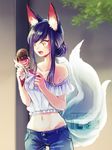  :d ahri alternate_costume alternate_hairstyle animal_ears artist_name bangs blue_hair casual contemporary crop_top fang food fox_ears fox_tail groin hair_bun ice_cream ice_cream_cone league_of_legends looking_down midriff mizoreame multiple_tails navel off_shoulder open_mouth short_sleeves sidelocks slit_pupils smile solo swept_bangs tail whisker_markings yellow_eyes 