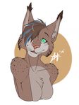  anthro breasts caracal chest_tuft dotsfa featureless_breasts feline female hair hair_over_eye looking_at_viewer mammal simple_background smile solo tongue tuft 