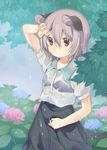  akagashi_hagane animal_ears black_bra bra flower grey_hair grey_skirt hair_between_eyes highres hydrangea jewelry looking_up mouse_ears mouse_tail nazrin pendant rain red_eyes see-through skirt skirt_set solo tail touhou tree under_tree underwear wet wet_clothes 