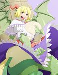  animal_humanoid big_breasts blonde_hair blue_eyes breast_expansion breast_grab breast_squish breasts dragon dragon_humanoid female hair hand_on_breast horn huge_breasts humanoid membranous_wings nipple_slip nipples scales short_hair solo tongue tongue_out transformation unknown_artist wings 