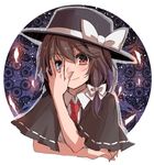  asa_(coco) black_capelet black_hat blouse brown_eyes brown_hair capelet eyebrows eyebrows_visible_through_hair floral_background glowing glowing_eye hair_between_eyes hat hat_ribbon ribbon short_hair sketch smile solo touhou upper_body usami_renko white_blouse 