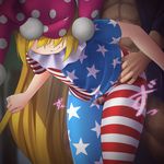  1girl afterimage american_flag_dress american_flag_legwear bent_over between_thighs black_shirt blonde_hair censored closed_mouth clownpiece flag_print hat hetero jester_cap long_hair mikami_yuuki_(nl8you) mosaic_censoring motion_blur muscle open_clothes open_shirt pantyhose penis pink_hat polka_dot polka_dot_hat precum shirt short_sleeves smile solo_focus standing star star_print striped striped_legwear thigh_sex touhou very_long_hair 