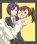  :d black_hair brown_eyes brown_hair butler carrying collar collarbone dress female_butler formal futami_mami gloves hair_ornament hand_on_another's_shoulder idolmaster idolmaster_(classic) kikuchi_makoto lieass long_hair looking_at_viewer multiple_girls necktie open_mouth pointing pointing_at_viewer ponytail princess_carry short_hair smile strapless strapless_dress suit tailcoat wedding_dress white_dress white_gloves 