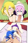  3girls 69 bikini blonde_hair blue_hair blush breasts fairy_tail fellatio juvia_loxar lucy_heartfilia maid multiple_boys multiple_girls open_mouth pink_hair saliva teamwork uncensored virgo_(fairy_tail) 