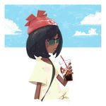  beanie black_hair dark_skin drink female_protagonist_(pokemon_sm) hat pokemon pokemon_(game) pokemon_sm red_hat short_hair sunglasses 
