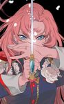  blue_eyes close-up covering_mouth face fingernails flower hands highres holding jewelry rapier ring rose s2riridoll serious shoujo_kakumei_utena solo sword tenjou_utena weapon white_flower white_rose 