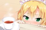  blonde_hair blush cup green_eyes hair_between_eyes idolmaster idolmaster_cinderella_girls maid_headdress sakurai_momoka sch solo spoon teacup teaspoon tile_floor tiles 