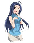 :d ahoge blue_hair brown_eyes idolmaster idolmaster_(classic) lieass long_hair looking_at_viewer miura_azusa open_mouth ribbed_sweater simple_background sleeveless sleeveless_turtleneck smile solo sweater turtleneck white_background 