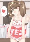  bare_shoulders bed beritabo blush brown_eyes brown_hair closet heart kantai_collection lamp long_hair no_hat no_headwear paw_print pillow ryuujou_(kantai_collection) sideways_glance smile solo thought_bubble tissue_box underwear underwear_only yes yes-no_pillow 