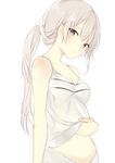  bare_arms belly_peek grey_eyes grey_hair head_tilt long_hair looking_at_viewer lpip navel open_mouth original ponytail shirt_lift simple_background solo tank_top upper_body white_background 
