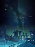  airship fantasy highres night night_sky no_humans original saburou_(minami_makoto) scenery science_fiction sky star_(sky) starry_sky water 