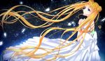  bishoujo_senshi_sailor_moon blonde_hair blue_eyes blurry bow depth_of_field double_bun dress facial_mark floating_hair forehead_mark hanasato_(okashino) hands_clasped jupiter_symbol long_hair mars_symbol mercury_symbol own_hands_together princess_serenity sky solo star_(sky) starry_sky tears tsukino_usagi twintails venus_symbol very_long_hair white_bow white_dress 