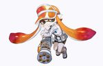  :3 akira_hou arm_support bad_id bad_pixiv_id bangs bike_shorts black_shorts blunt_bangs brown_eyes domino_mask hand_on_own_cheek inkling jacket long_sleeves mask mini_splatling_(splatoon) orange_hair pointy_ears shoes shorts simple_background single_vertical_stripe solo splatoon_(series) splatoon_1 standing tentacle_hair visor_cap white_background white_jacket 