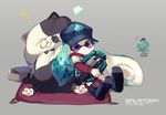  akira_hou angry aqua_hair bad_id bad_pixiv_id baseball_cap boots dish domino_mask fish_bone fume grey_background hat inkling jajji-kun_(splatoon) jellyfish_(splatoon) layered_clothing long_hair long_sleeves mask pillow pointy_ears purple_eyes saliva seeker_(splatoon) short_over_long_sleeves short_sleeves sitting splatoon_(series) splatoon_1 tentacle_hair 