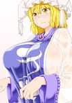  blonde_hair blush breasts commentary_request dress gradient gradient_background hat huge_breasts long_sleeves looking_away mob_cap poronegi see-through short_hair solo sweat tabard touhou upper_body wet wet_clothes white_dress wide_sleeves yakumo_ran yellow_eyes 
