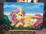  2016 blue_eyes cutie_mark day dennyvixen equine female fence flower fluttershy_(mlp) friendship_is_magic fur grass hair hooves lying mammal my_little_pony open_mouth outside painting pegasus pink_hair plant sky smile solo tongue wings yellow_fur 