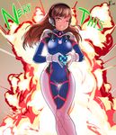  ;) backlighting bodysuit brown_eyes brown_hair d.va_(overwatch) explosion facial_mark grin headphones heart heart_hands highres long_hair looking_at_viewer one_eye_closed overwatch revision smile solo thigh_gap whisker_markings xion_(pulilulu) 