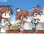  :o ahoge apron bangs blue_sky brown_eyes brown_hair chopsticks commentary cooking dated dress flying_sweatdrops food gloves hair_between_eyes hair_ornament hair_ribbon hairclip hamu_koutarou kantai_collection kappougi libeccio_(kantai_collection) long_hair mamiya_(kantai_collection) multiple_girls noodles open_mouth paravane portable_stove pot purple_eyes purple_hair ribbon sailor_collar sailor_dress sakawa_(kantai_collection) school_uniform serafuku shirt short_hair sky sleeveless sleeveless_shirt smile steam twintails white_gloves 