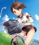  absurdres bag bicycle bicycle_basket blue_sky brown_eyes brown_hair cloud commentary_request day grass ground_vehicle hair_ribbon highres kantai_collection lamppost mountain neit_ni_sei open_mouth outdoors panties pantyshot pantyshot_(sitting) pleated_skirt ponytail ribbon school_bag school_uniform serafuku shikinami_(kantai_collection) short_sleeves sitting skirt sky solo underwear wind wind_lift 