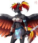  2016 anthro armband bandage bare_shoulders breasts clothing dual_wielding feathered_wings feathers female fur grey_fur hair hi_res holding_object holding_weapon jewelry loincloth margony melee_weapon multicolored_hair navel necklace pendant ponytail red_eyes simple_background solo sword weapon white_background wings 